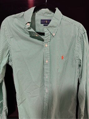 Ralph Lauren Green Gingham Button-Down Shirt with Orange Pony